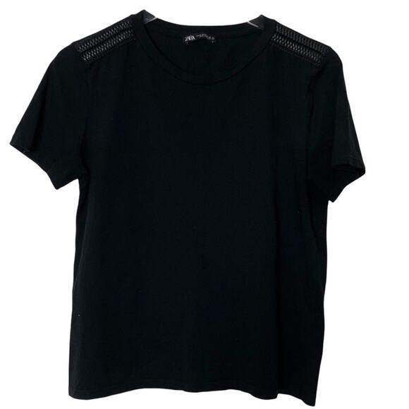 Zara Black Tee w/ Woven Faux-Leather Shoulder Appliqué - Picture 1 of 4